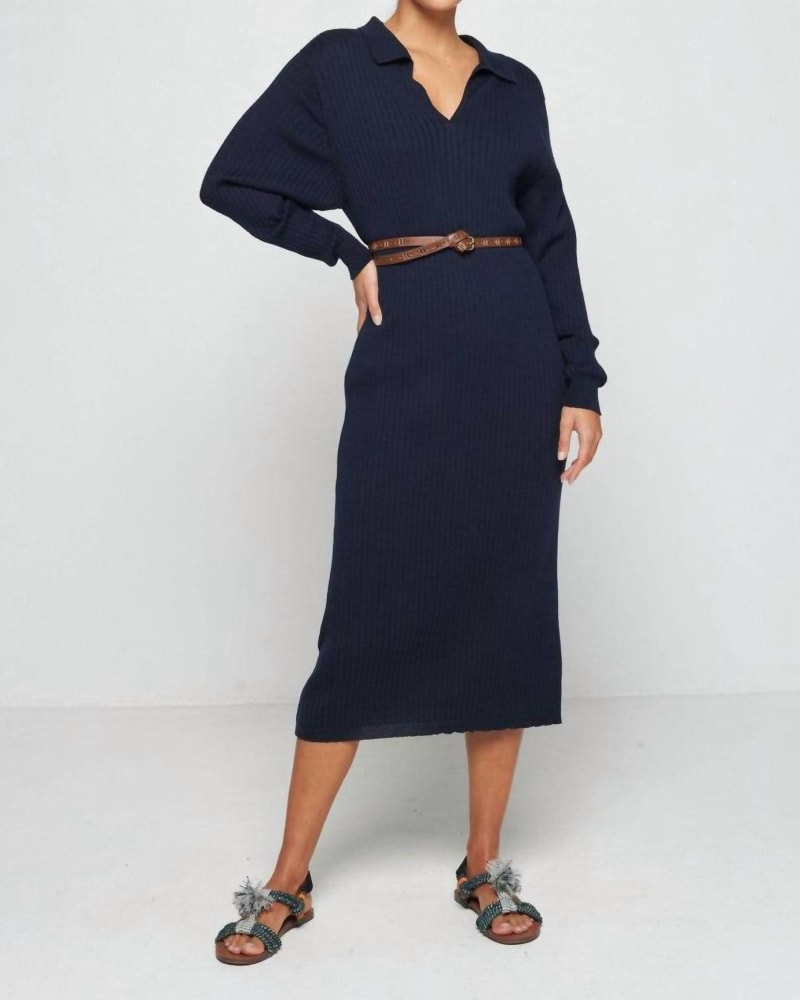 Front of a model wearing a size L Sibylle Dress in Marine in Marine by MAISON MONTAGUT. | dia_product_style_image_id:343391